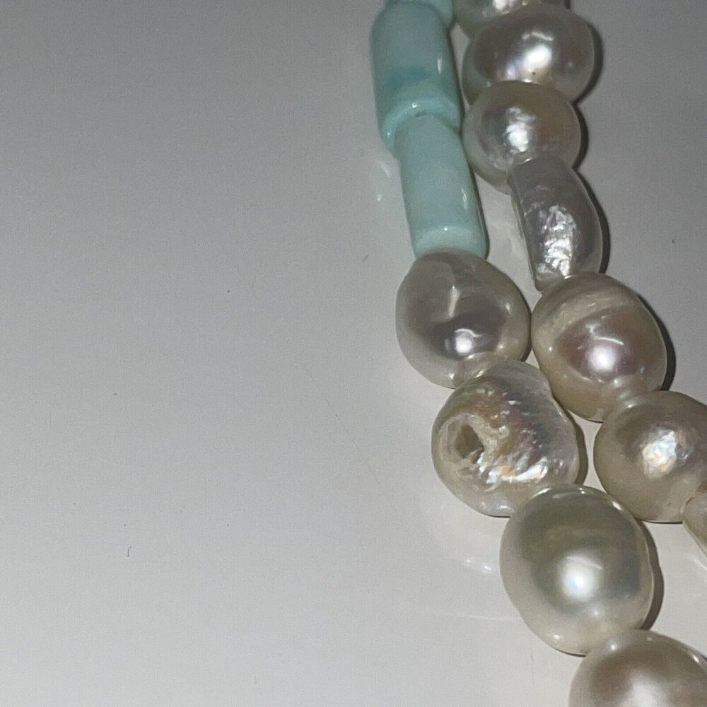 Aqua Peruvian Opal? Tube Beads & Freshwater Pearl Pendant Gemstone Necklace A140 - Picture 7 of 16